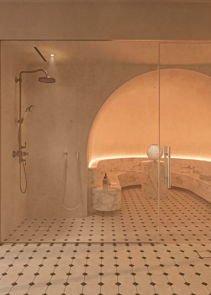 Термальная зона с хаммамами и саунами, BIM-проект с оборудованием OSPA и KLAFS